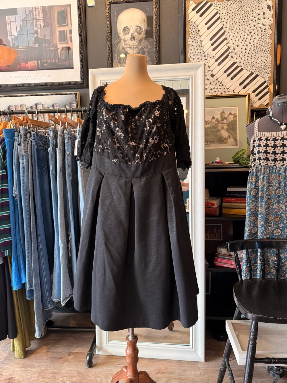 Eliza J Black Lace Bodice Midi Fit-and-Flare Dress